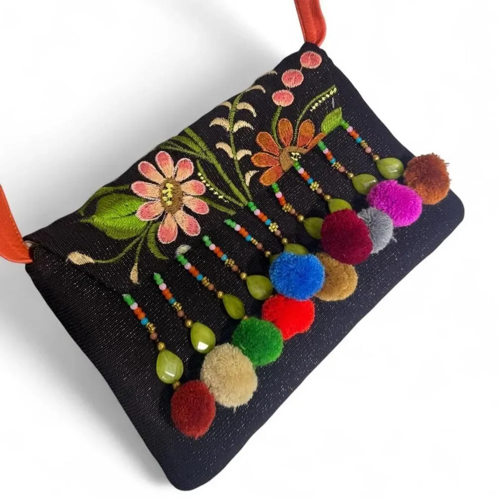 Mina Alvarez Maximalist STUNNING Black embroidered purse NEW Boho Chic Resort